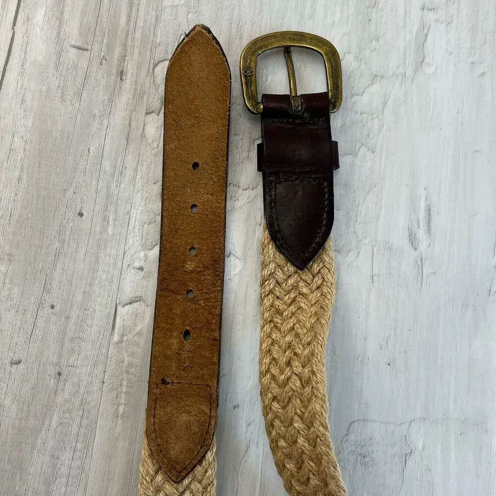 Brown Braided Rope Leather Gold Buckle Belt 37